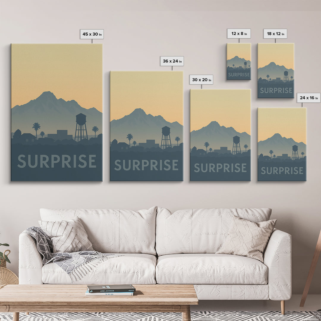 Surprise Travel Poster, Framed Canvas Print, Sunset Skyline Wall Art, Surprise Poster Print, Travel Poster Art, Eclectic Wall Decor