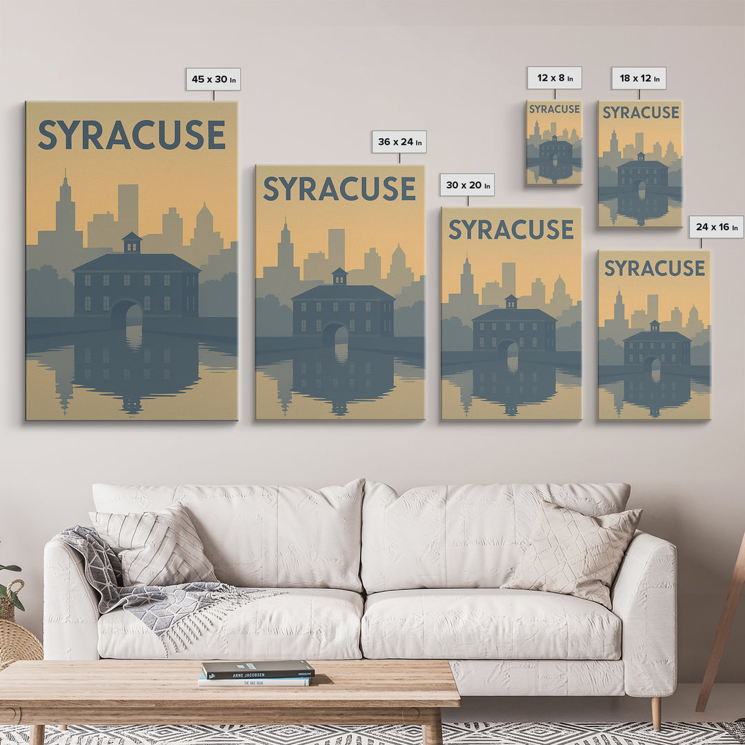 Syracuse New York Travel Poster, Framed Canvas Print, Sunset Skyline Wall Art, Syracuse City Art, Retro Travel Print, Modern Wall Decor