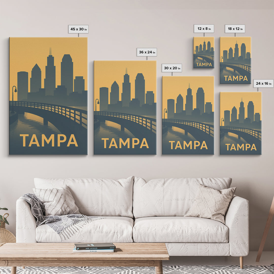 Tampa Florida Travel Poster, Framed Canvas Print, Mid Century Travel Art, Tampa Travel Art, Mid Century Wall Art, Watercolor City Skyline