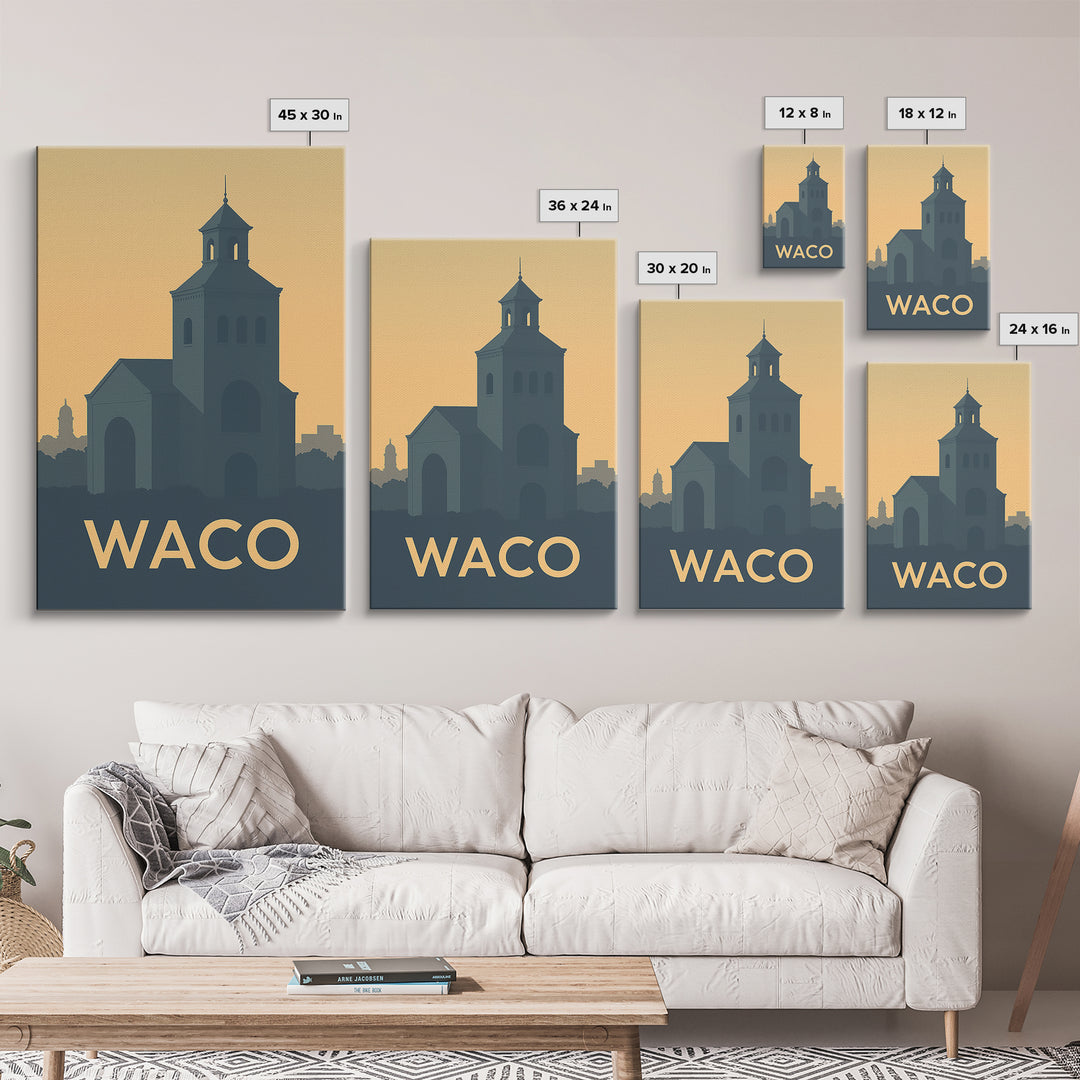 Waco Texas Travel Poster, Canvas Print, Sunset Skyline Wall Art, Waco Poster Print, City Illustration, Travel Poster Art, Travel Art Print