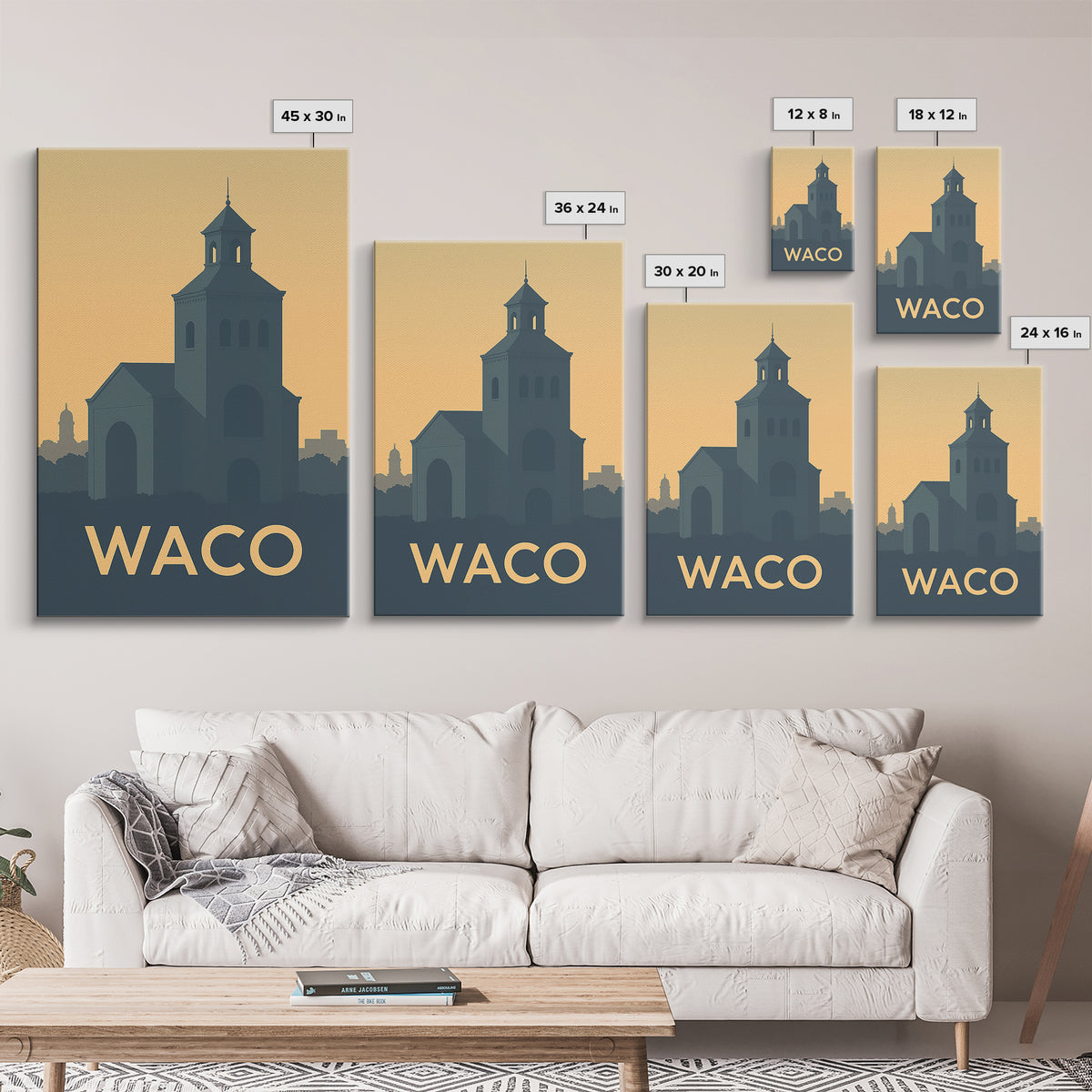 Waco Texas Travel Poster, Canvas Print, Sunset Skyline Wall Art, Waco Poster Print, City Illustration, Travel Poster Art, Travel Art Print