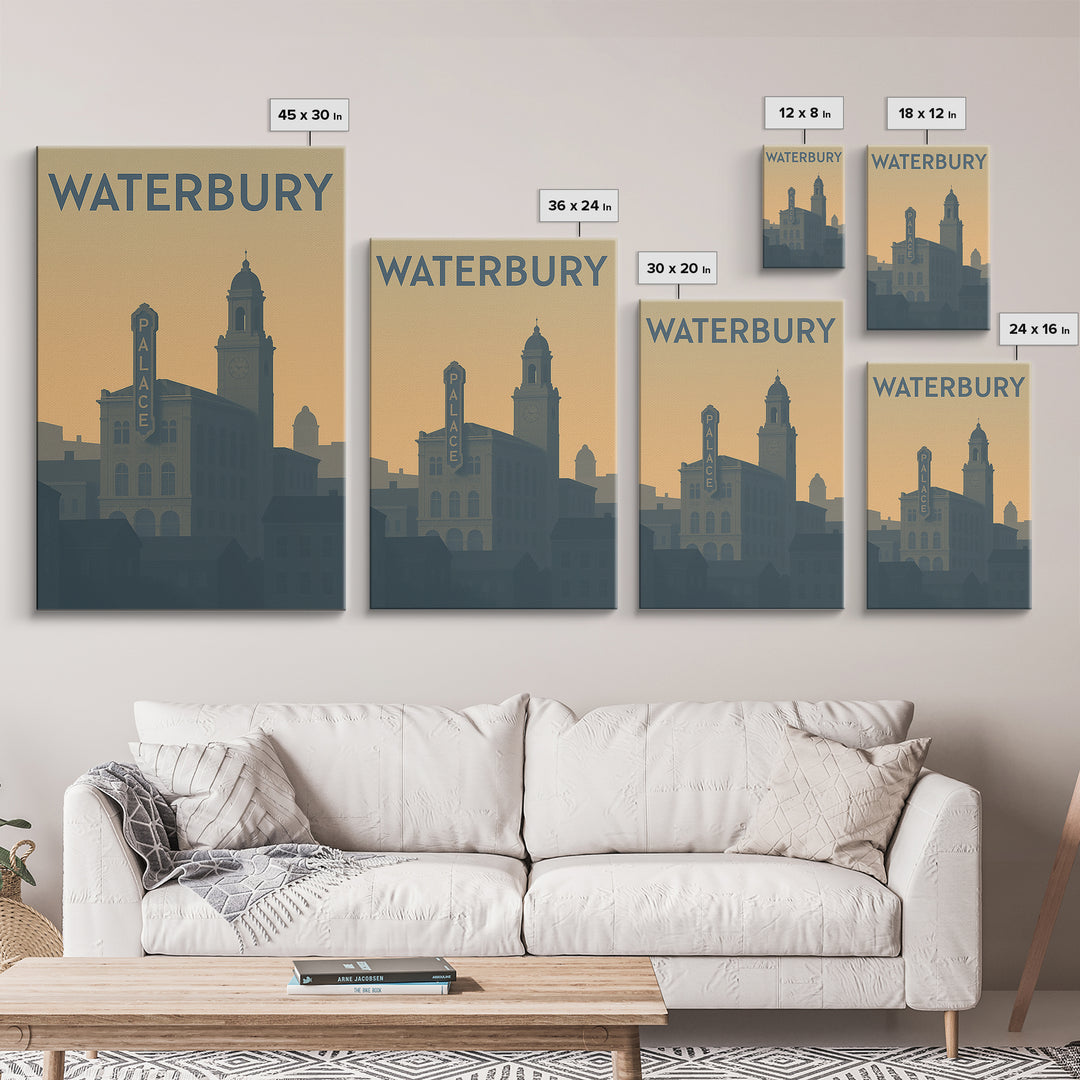 Waterbury Travel Poster, Framed Canvas Print, Minimalist Retro Wall Art, Waterbury Poster Print, Retro Travel Print, Modern Wall Decor
