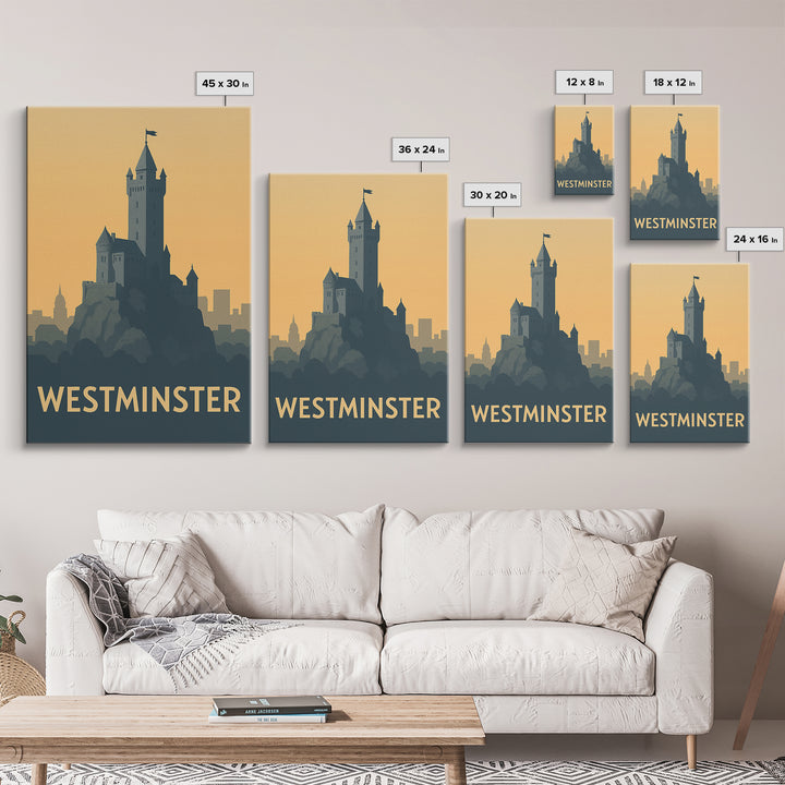 Westminster Travel Poster, Canvas Print, Minimalist Retro Wall Art, Westminster Wall Art, City Travel Prints, Retro Travel Print