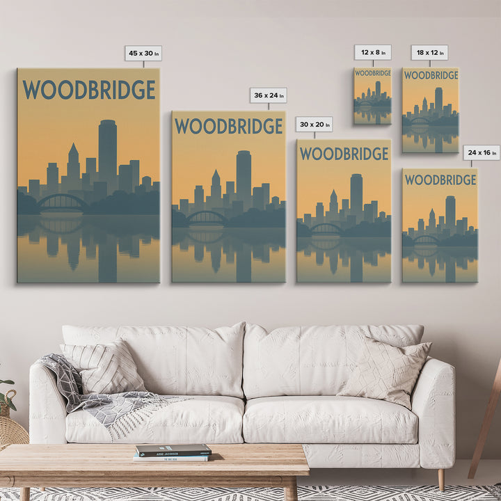 Woodbridge Virginia Travel Poster, Canvas Print, Sunset Skyline Wall Art, Woodbridge Art Print, Retro Travel Print, Mid Century Wall Art