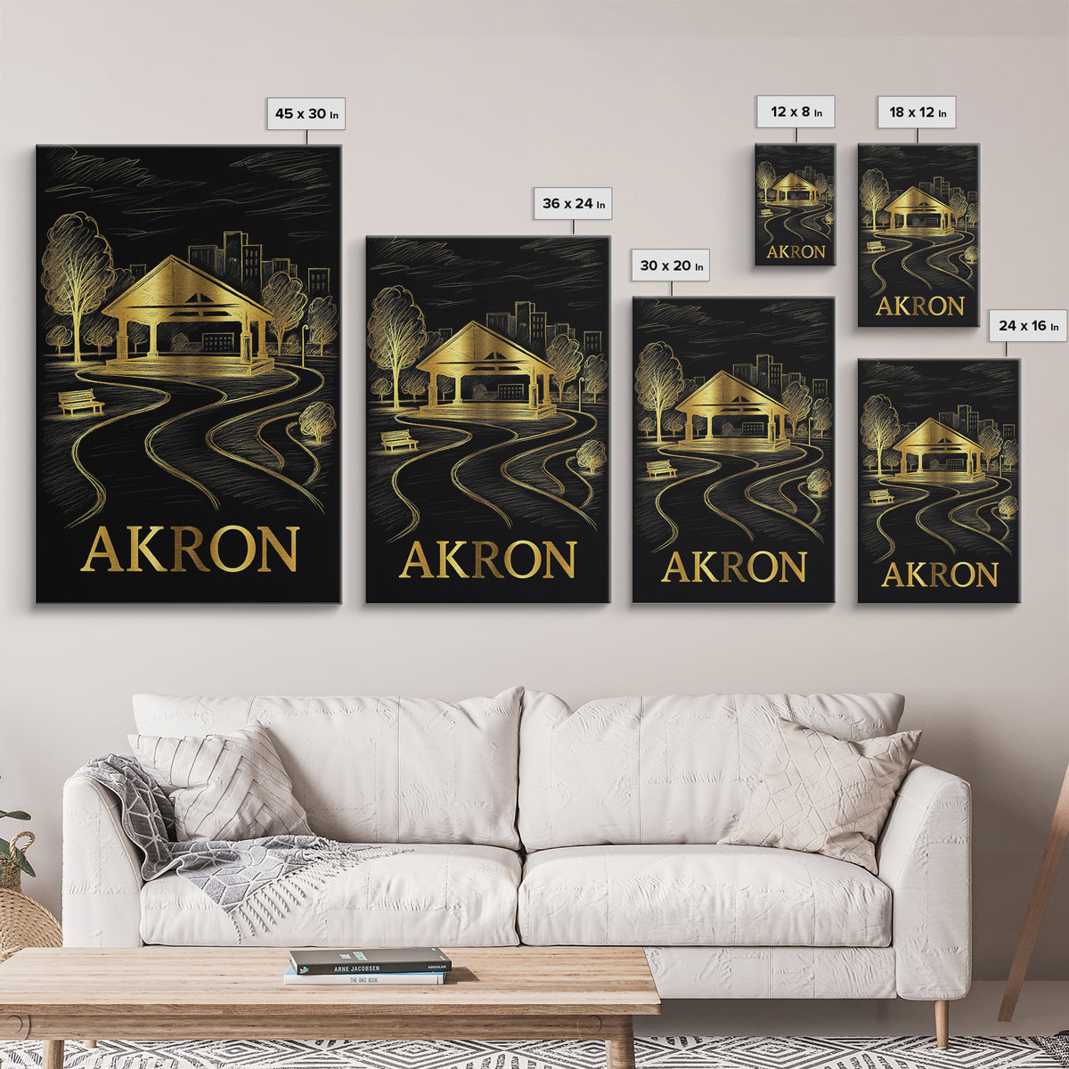Akron Travel Poster, Framed Canvas Print, Dark Background Poster Art, Akron Art Print, Living Room Wall Art, Vintage City Art, Design 2