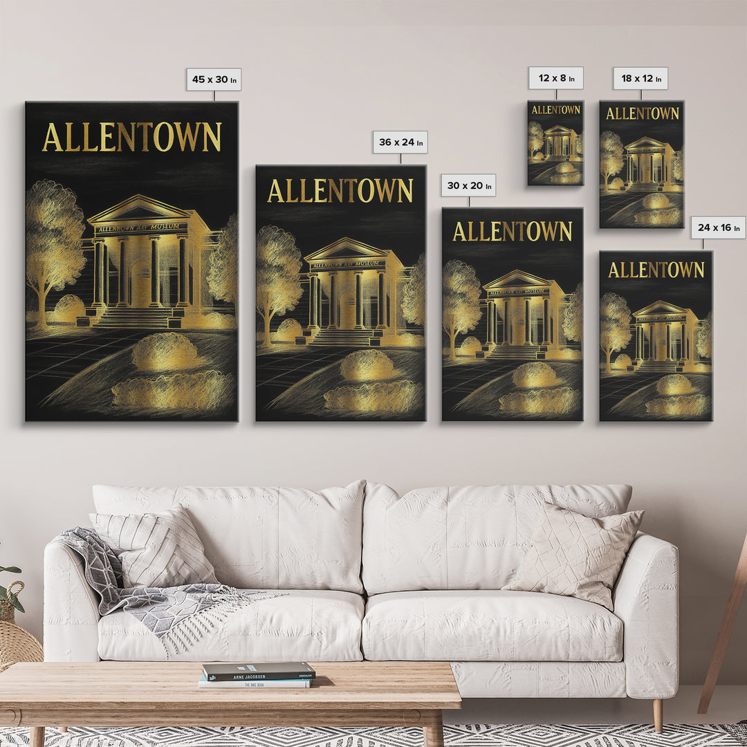 Allentown Pennsylvania Travel Poster, Canvas Print, Elegant Gold City Art, Allentown Travel Art, Living Room Wall Art, Vintage City Poster