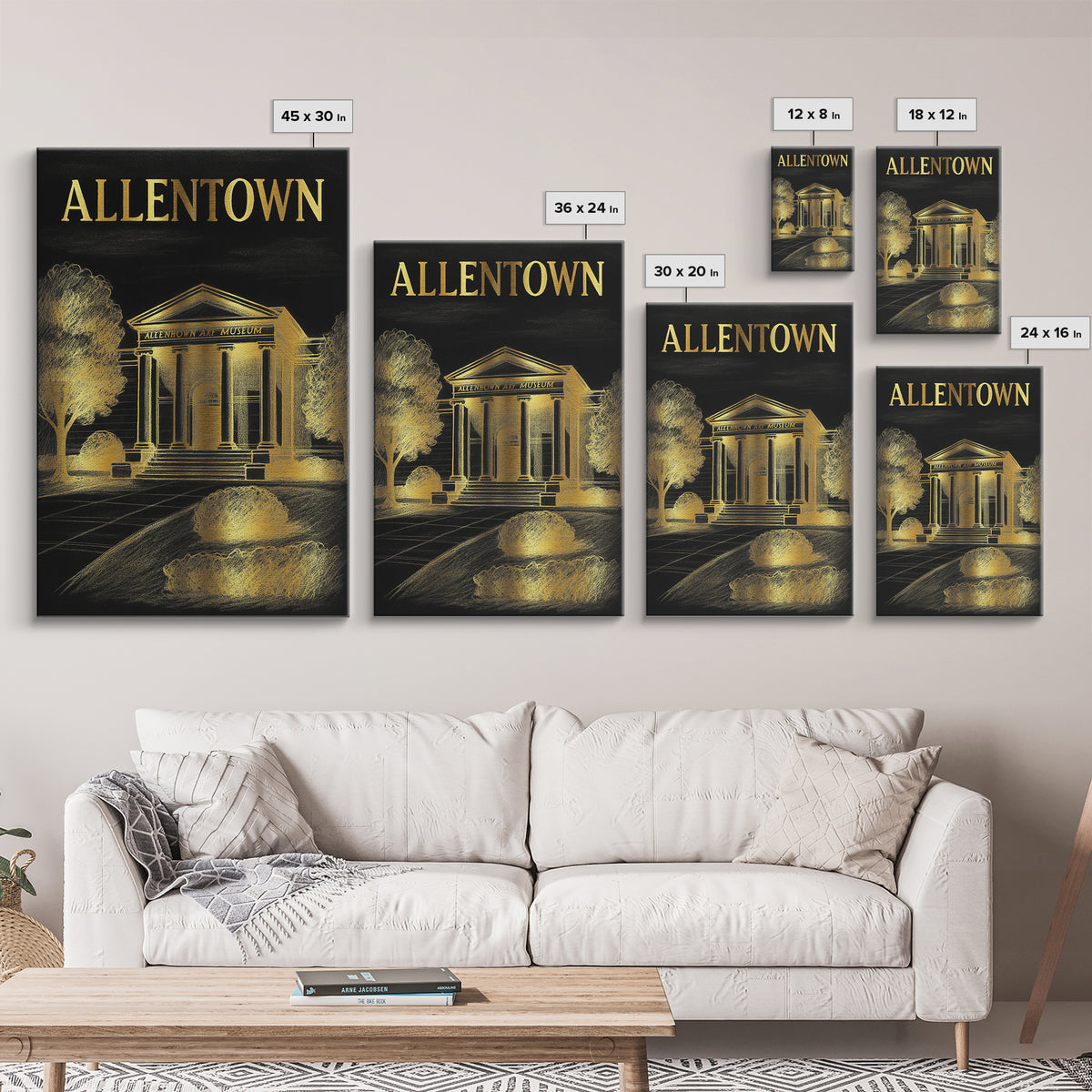 Allentown Pennsylvania Travel Poster, Canvas Print, Elegant Gold City Art, Allentown Travel Art, Living Room Wall Art, Vintage City Poster