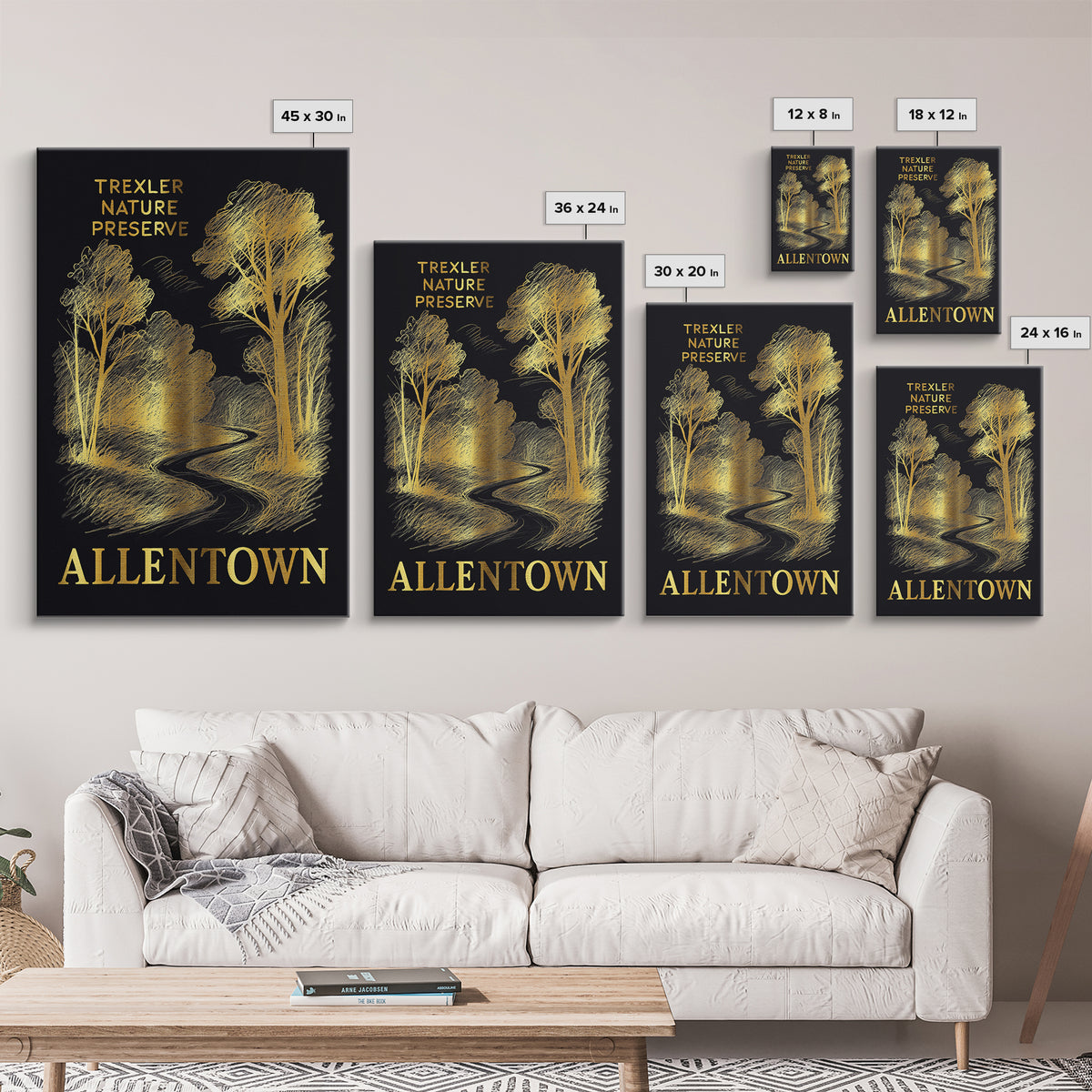Allentown Travel Poster, Framed Canvas Print, Gold Sketch Wall Art, Allentown Wall Art, Mid Century Wall Art, Vintage Travel Print