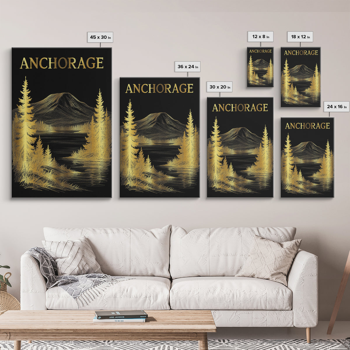 Anchorage Alaska Travel Poster, Canvas Print, Black And Gold Line Art, Anchorage Travel Art, Wall Art, Travel Wall Decor, Design 1