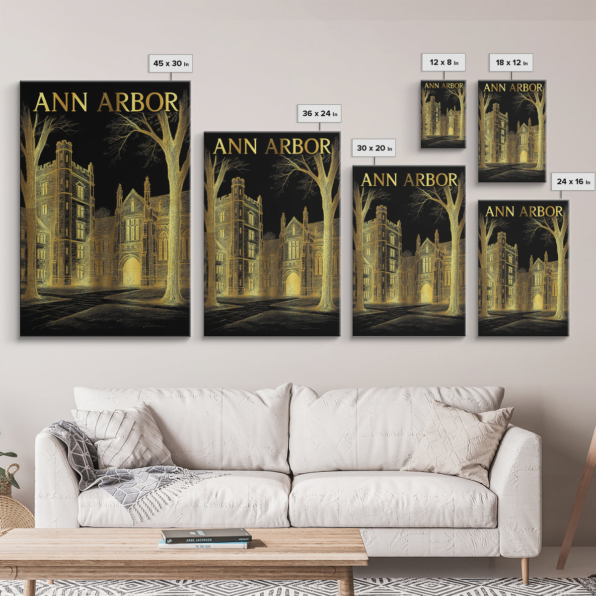 Ann Arbor Michigan Travel Poster, Canvas Print, Black And Gold Line Art, Ann Arbor Wall Art, Travel Art Print, Wall Art, City Art Print