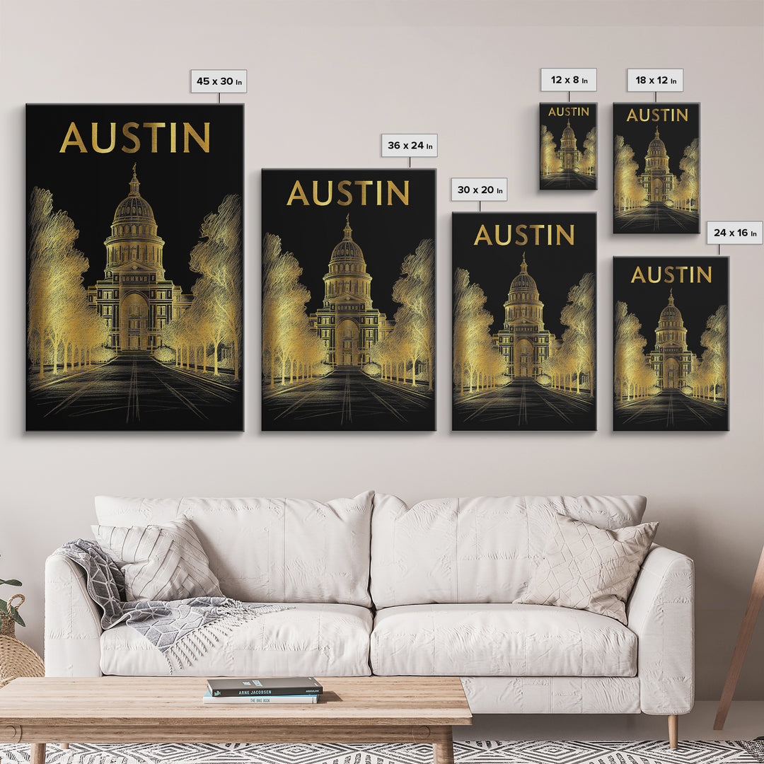 Austin Travel Poster, Framed Canvas Print, Black And Gold Line Art, Austin Poster Print, Gift For Travelers, City Travel Prints