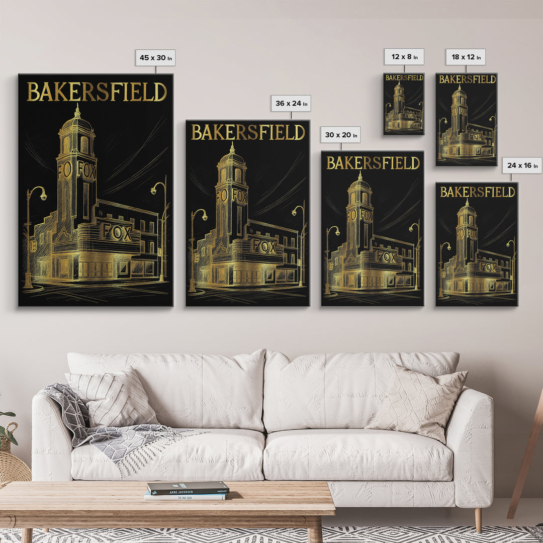 Bakersfield California Travel Poster, Canvas Print, Elegant Gold City Art, Bakersfield Art Print, Watercolor Skyline, Retro Travel Print