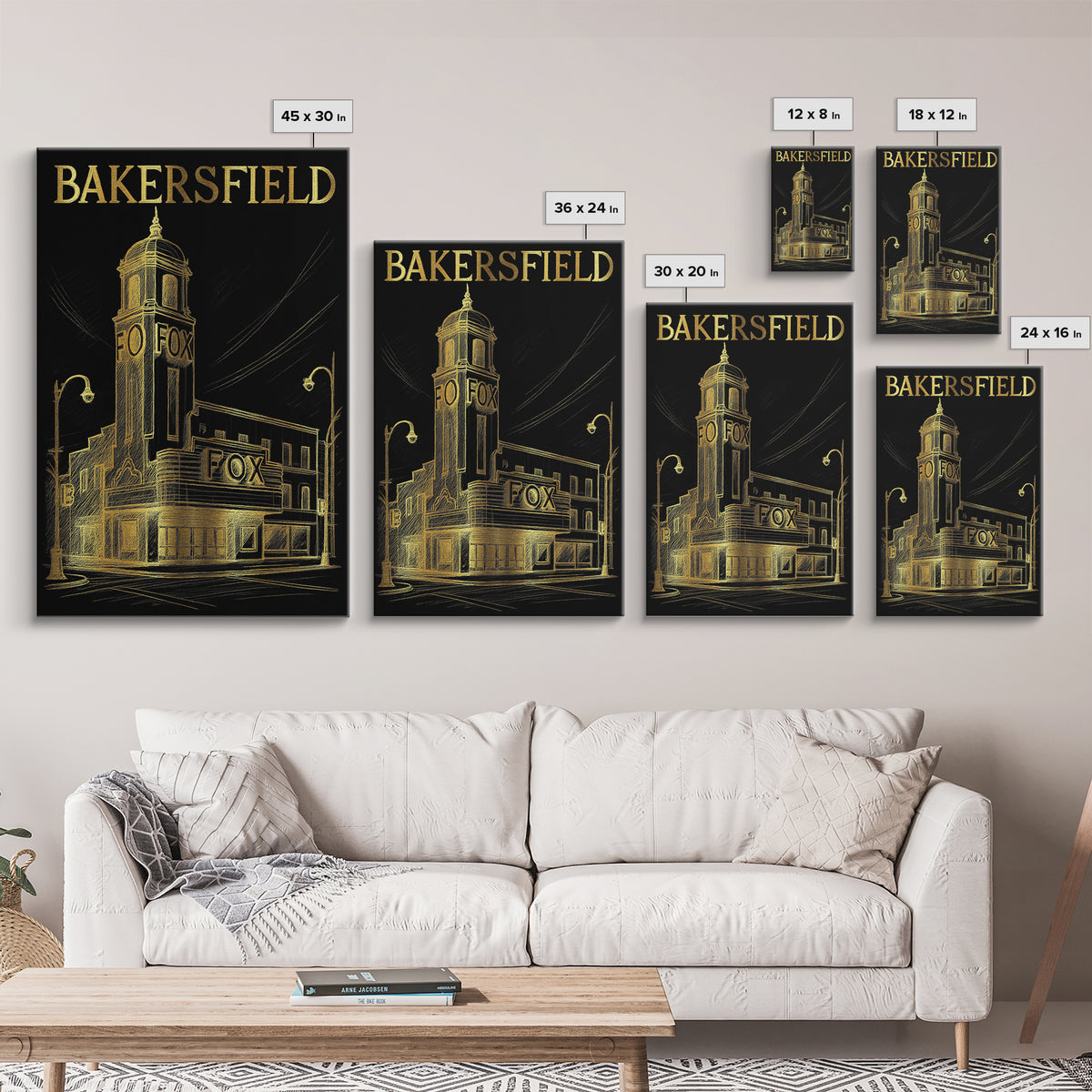 Bakersfield California Travel Poster, Canvas Print, Elegant Gold City Art, Bakersfield Art Print, Watercolor Skyline, Retro Travel Print