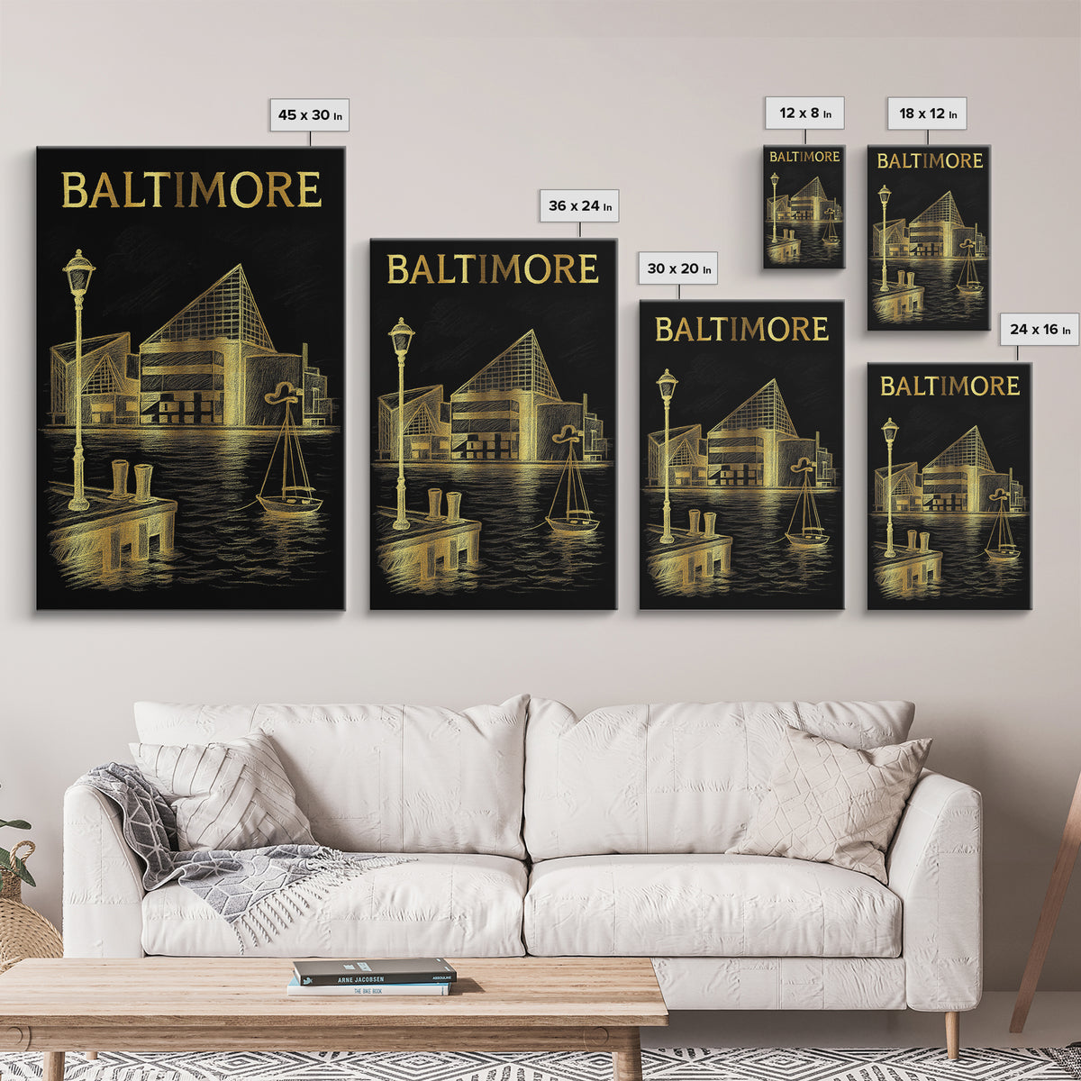 Baltimore Maryland Travel Poster, Framed Canvas Print, Gold Sketch Wall Art, Baltimore Poster Print, Mid Century Wall Art, Wanderlust Decor