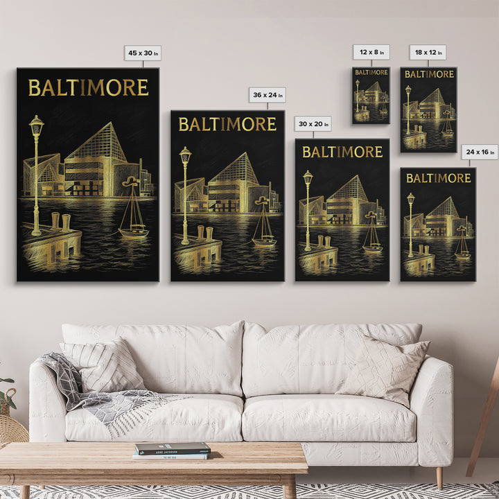 Baltimore Maryland Travel Poster, Framed Canvas Print, Gold Sketch Wall Art, Baltimore Poster Print, Mid Century Wall Art, Wanderlust Decor