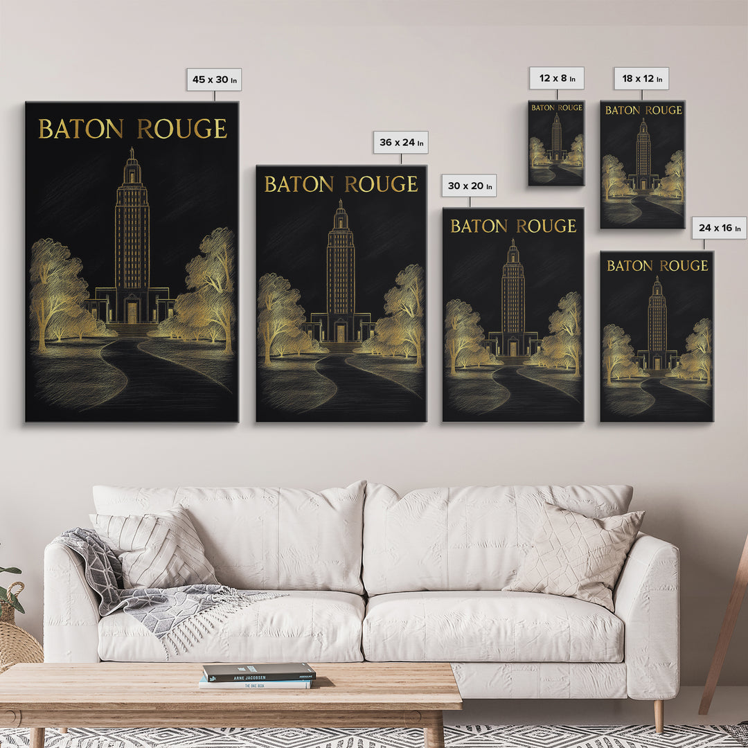 Baton Rouge Louisiana Travel Poster, Canvas Print, Black And Gold Line Art, Baton Rouge Travel Art, Home Office Decor, Eclectic Wall Decor