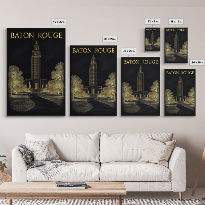 Baton Rouge Louisiana Travel Poster, Canvas Print, Black And Gold Line Art, Baton Rouge Travel Art, Home Office Decor, Eclectic Wall Decor