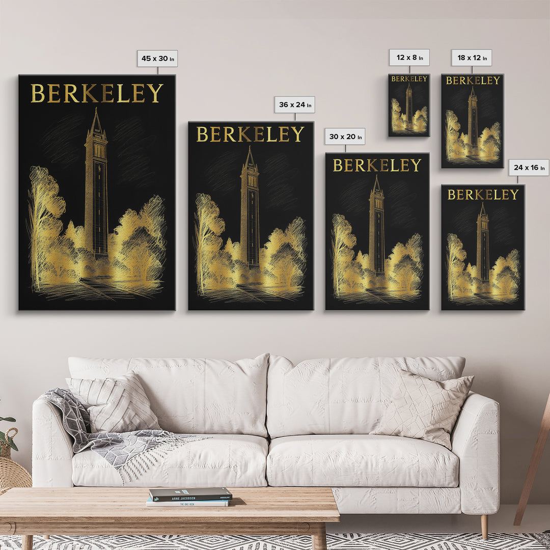 Berkeley California Travel Poster, Canvas Print, Black And Gold Line Art, Berkeley Wall Art, Retro Travel Print, Travel Poster Set