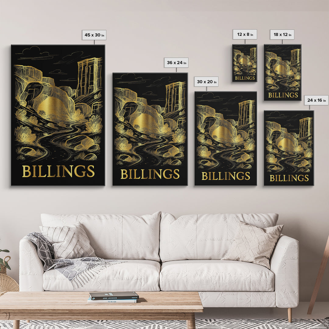 Billings Travel Poster, Framed Canvas Print, Black And Gold Line Art, Billings Travel Art, Retro Travel Print, Travel Poster Set