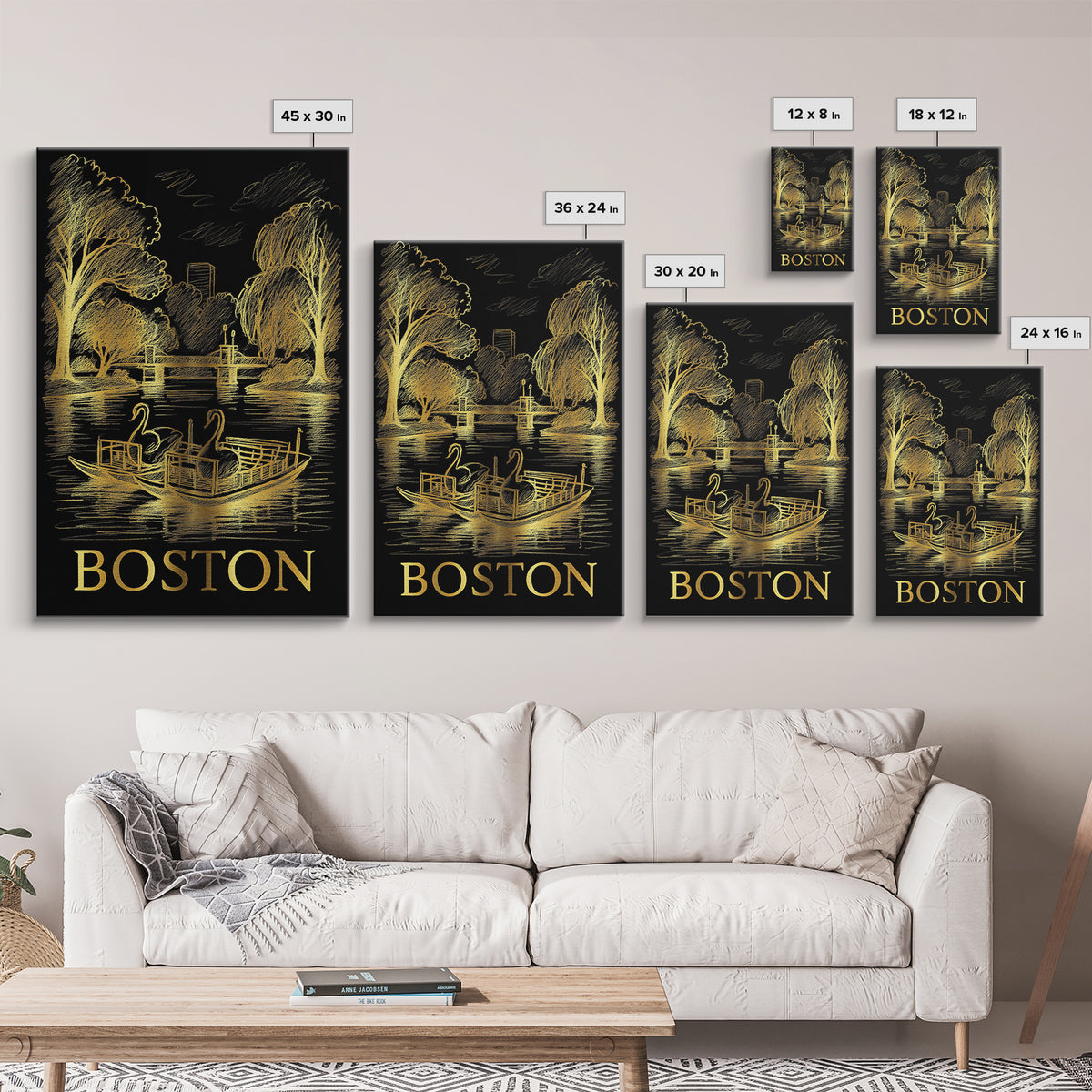 Boston Travel Poster, Canvas Print, Elegant Gold City Art, Boston Wall Art, Travel Poster Art, City Illustration, Travel Wall Decor