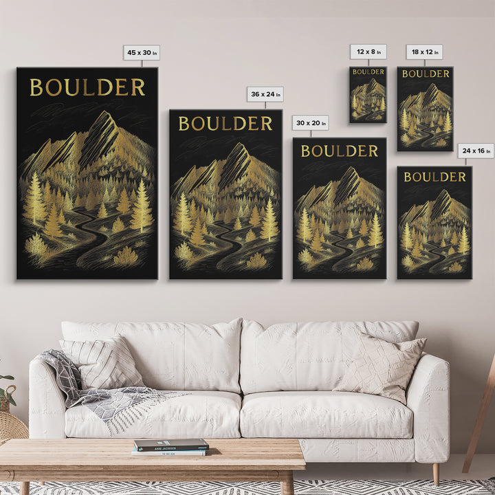 Boulder Colorado Travel Poster, Framed Canvas Print, Black And Gold Line Art, Boulder Travel Art, City Illustration, Mid Century Wall Art