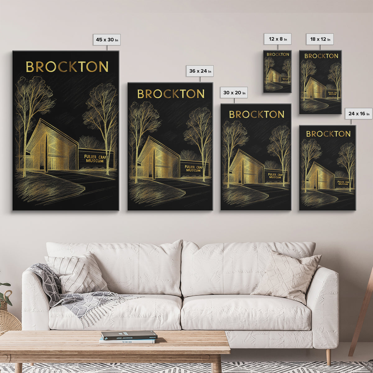 Brockton Massachusetts Travel Poster, Canvas Print, Elegant Gold City Art, Brockton City Art, Mid Century Wall Art, Vintage Travel Print