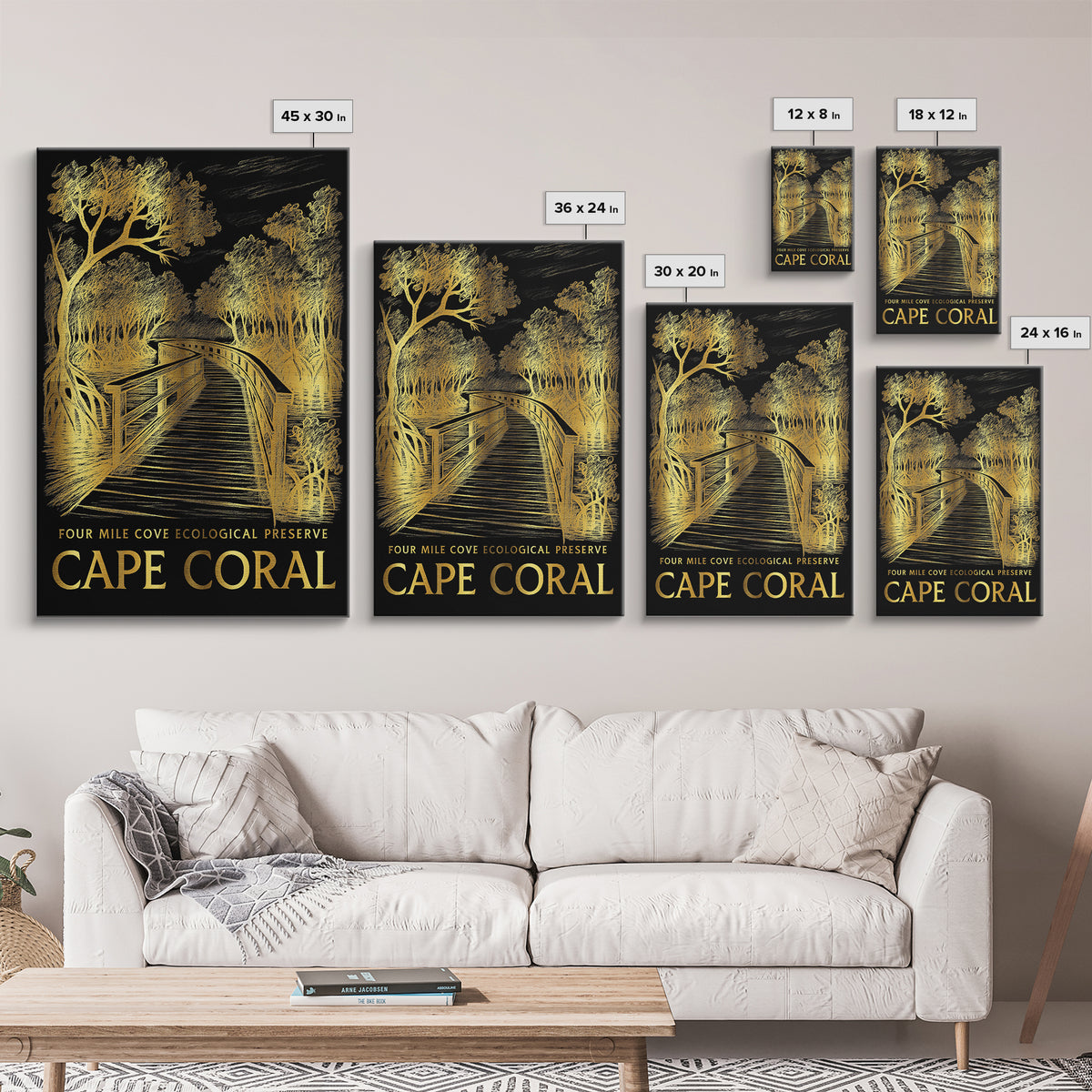 Cape Coral Travel Poster, Framed Canvas Print, Elegant Gold City Art, Cape Coral Poster Print, Travel Poster Art, Living Room Wall Art