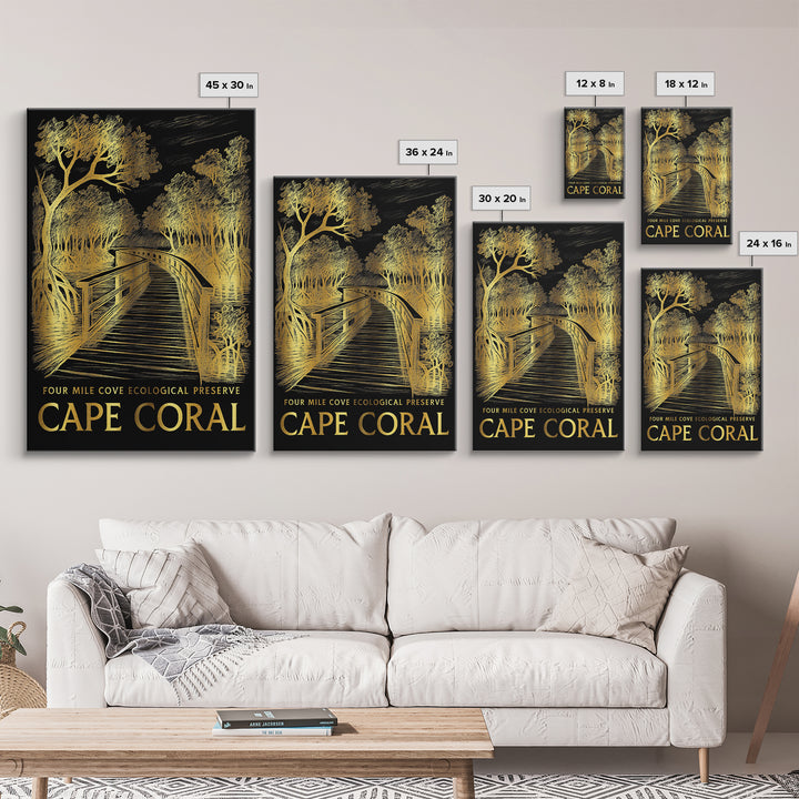 Cape Coral Travel Poster, Framed Canvas Print, Elegant Gold City Art, Cape Coral Poster Print, Travel Poster Art, Living Room Wall Art