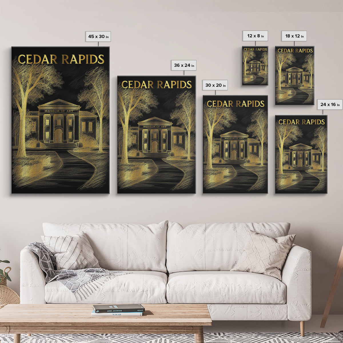 Cedar Rapids Iowa Travel Poster, Canvas Print, Elegant Gold City Art, Cedar Rapids City Art, City Travel Prints, Mid Century Wall Art