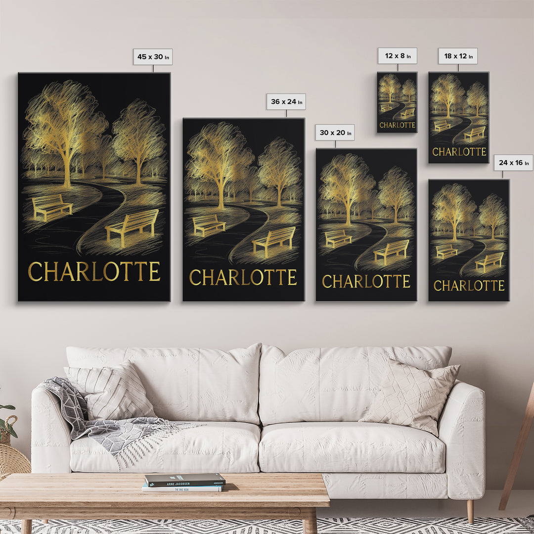 Charlotte Travel Poster, Framed Canvas Print, Dark Background Poster Art, Charlotte Art Print, Watercolor Skyline, Travel Poster Set