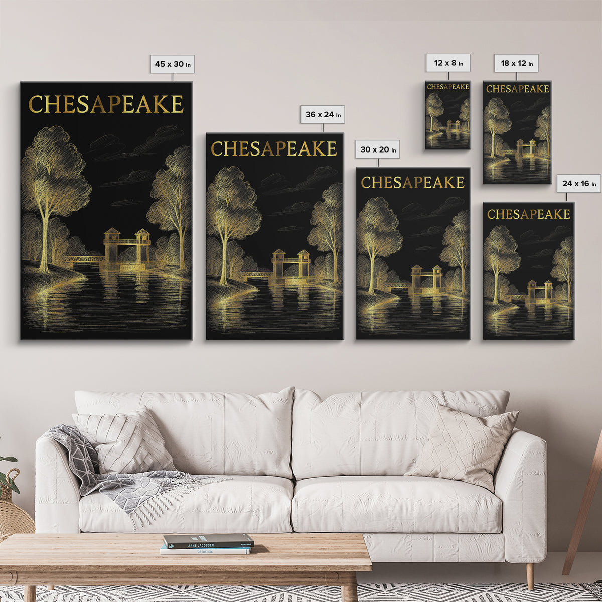 Chesapeake Virginia Travel Poster, Framed Canvas Print, Black And Gold Line Art, Chesapeake Art Print, Travel Poster Set, Vintage Travel Art