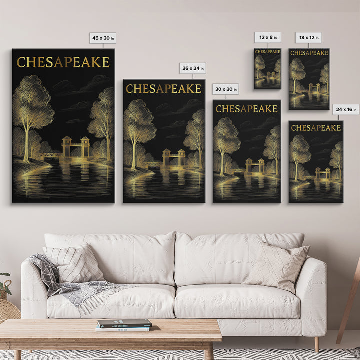 Chesapeake Virginia Travel Poster, Framed Canvas Print, Black And Gold Line Art, Chesapeake Art Print, Travel Poster Set, Vintage Travel Art