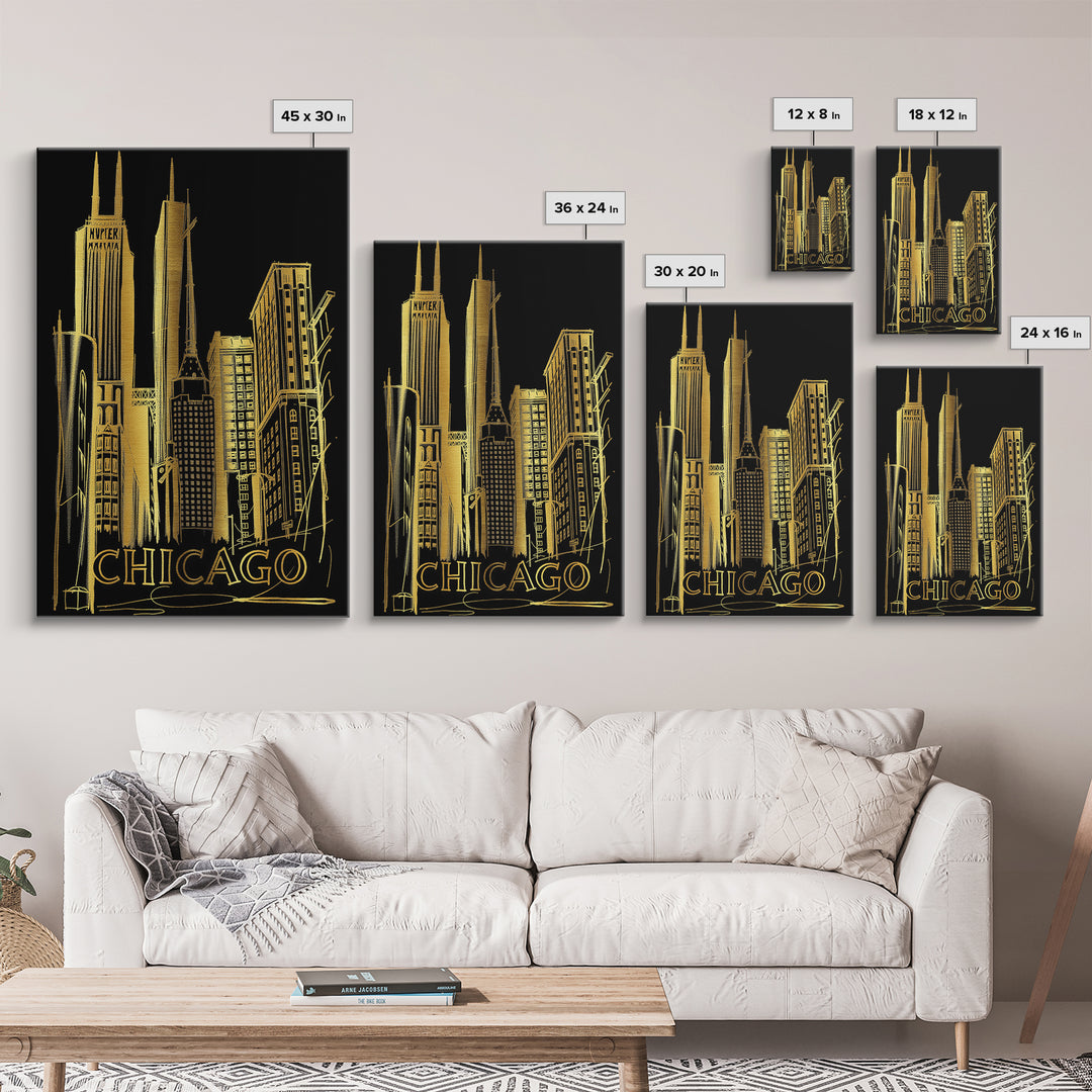 Chicago Illinois Travel Poster, Canvas Print, Black And Gold Line Art, Chicago Travel Art, Mid Century Wall Art, Wall Art, Wall Art