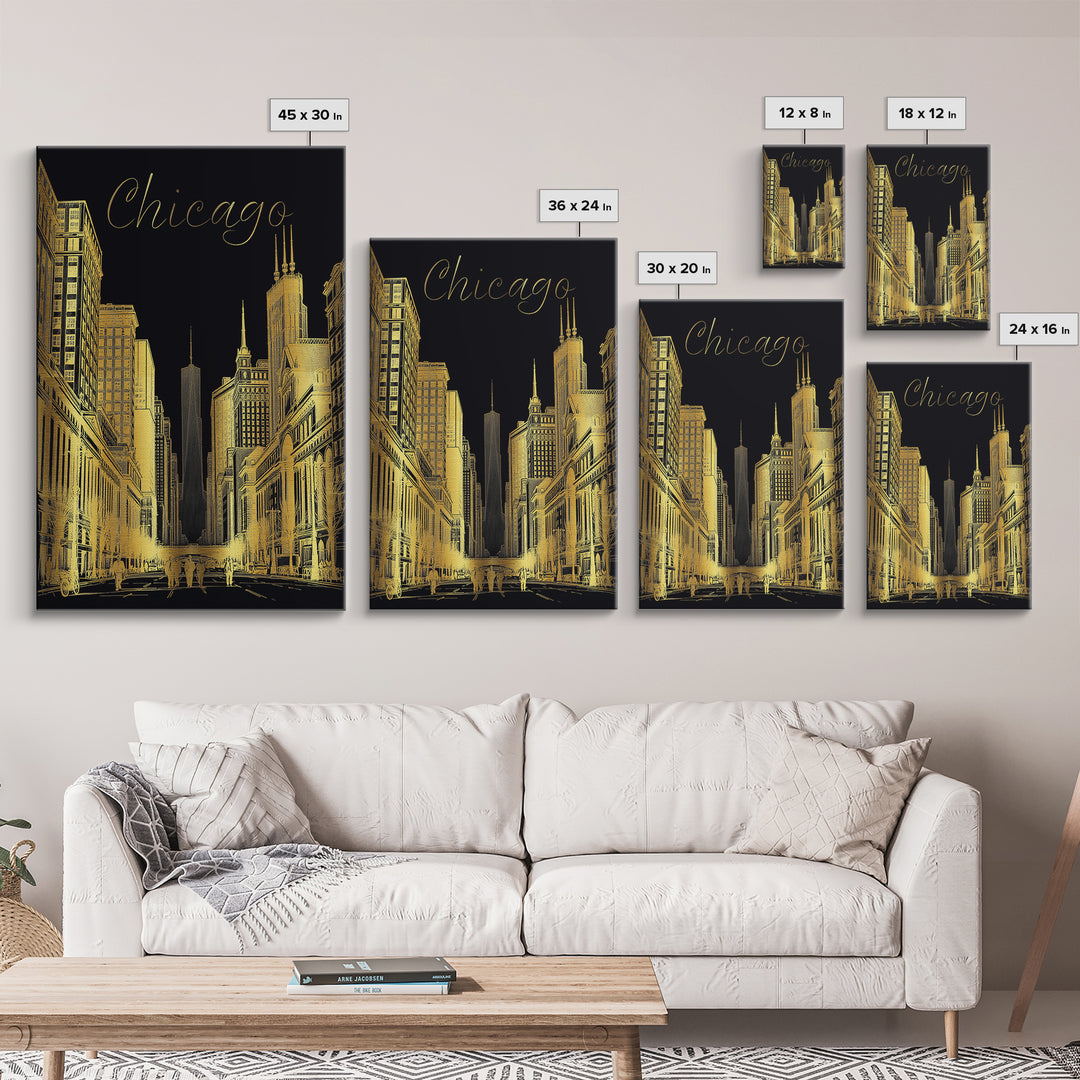 Chicago Travel Poster, Canvas Print, Elegant Gold City Art, Chicago Wall Art, Travel Poster Art, Travel Wall Decor, Travel Art Print