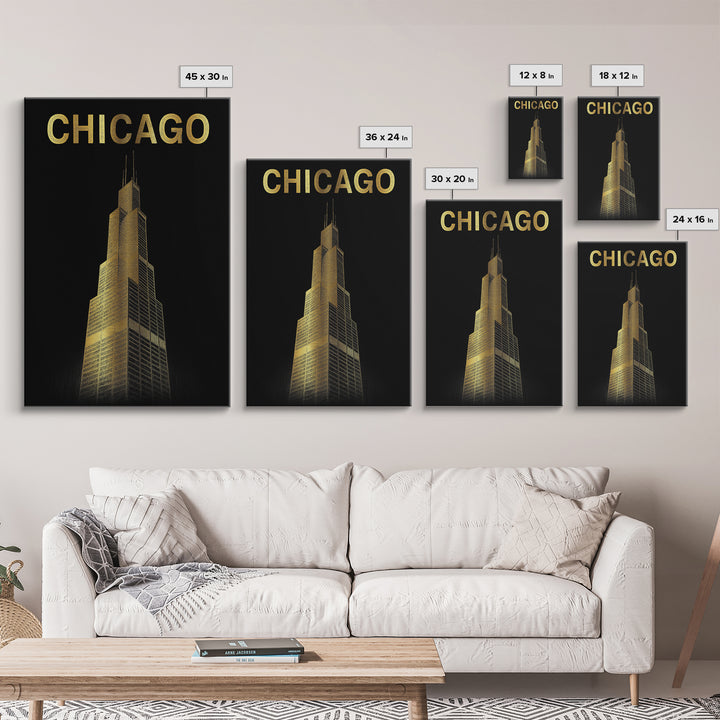 Chicago Travel Poster, Framed Canvas Print, Gold Sketch Wall Art, Chicago Travel Art, Mid Century Wall Art, Travel Poster Art, Design 6