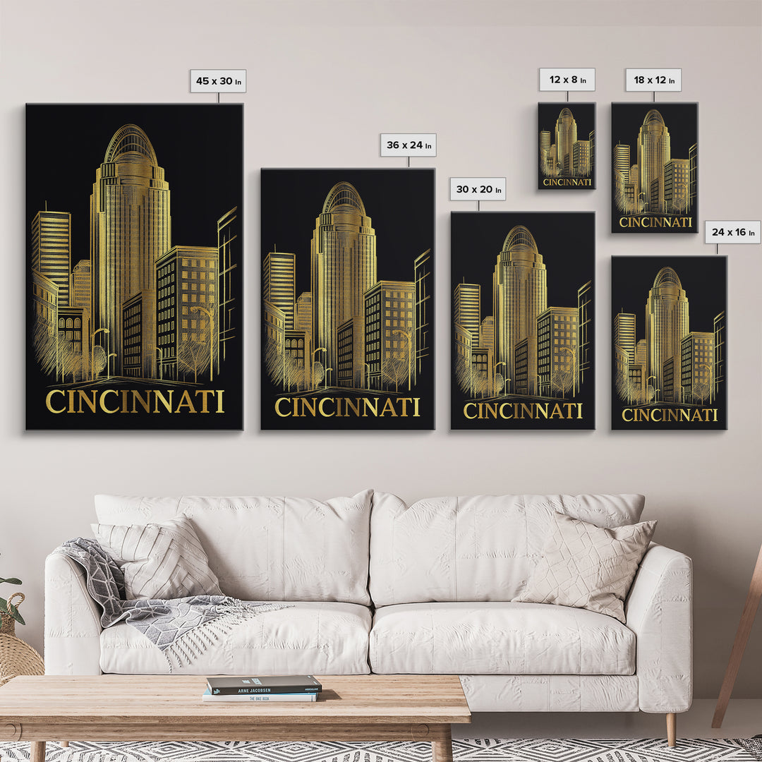 Cincinnati Travel Poster, Canvas Print, Elegant Gold City Art, Cincinnati Travel Art, Travel Poster Set, City Travel Prints, Art Print