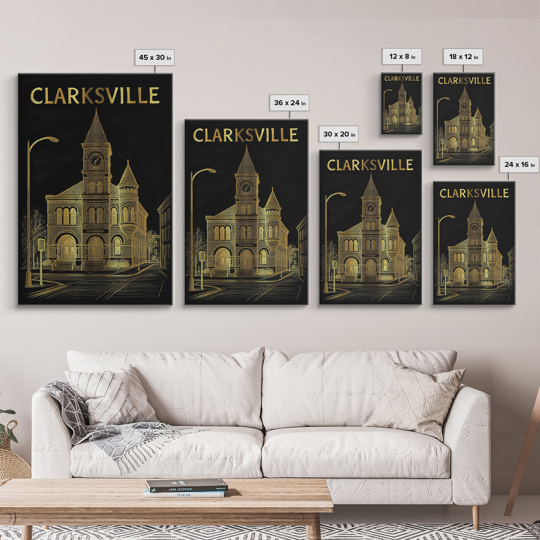 Clarksville Tennessee Travel Poster, Canvas Print, Gold Sketch Wall Art, Clarksville Travel Art, Wall Decor, City Travel Prints, Poster Art
