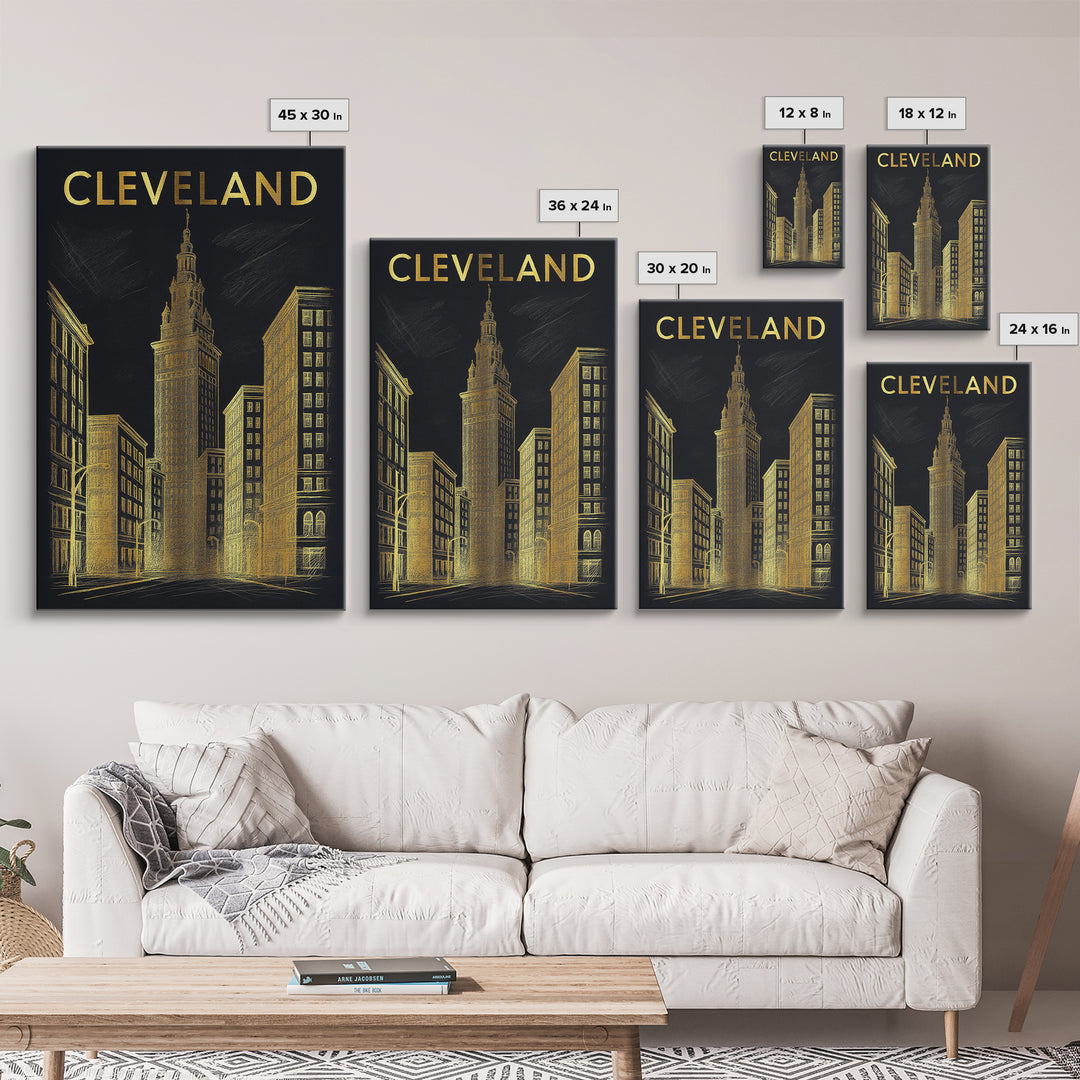 Cleveland Ohio Travel Poster, Framed Canvas Print, Elegant Gold City Art, Cleveland Wall Art, Fine Art Print, Travel Poster Set, Home Decor