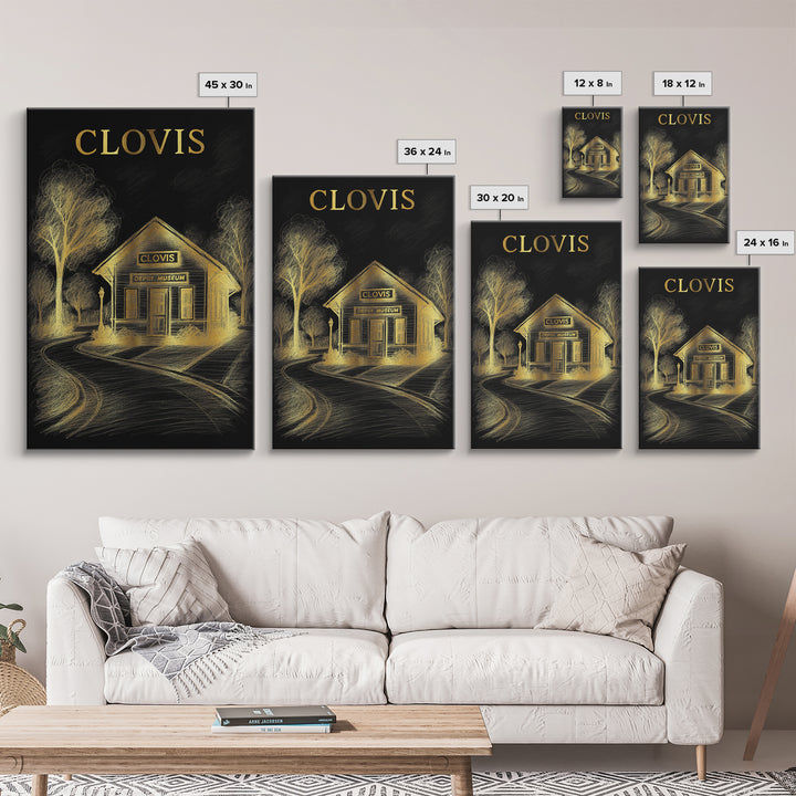 Clovis California Travel Poster, Canvas Print, Black And Gold Line Art, Clovis Poster Print, Wall Decor, Travel Wall Art, Wall Art