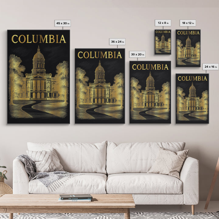 Columbia Travel Poster, Framed Canvas Print, Black And Gold Line Art, Columbia City Art, Home Office Decor, Travel Wall Decor, Design 2