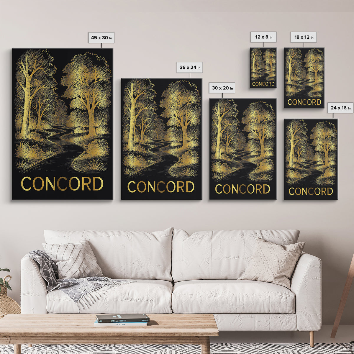 Concord Travel Poster, Canvas Print, Elegant Gold City Art, Concord Travel Art, City Illustration, Wanderlust Decor, Travel Art Print