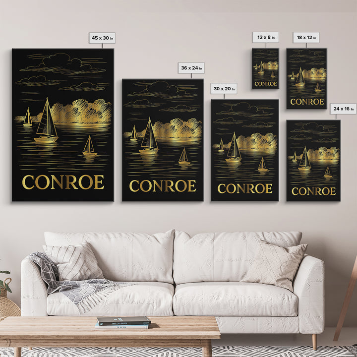 Conroe Travel Poster, Canvas Print, Black And Gold Line Art, Conroe City Art, Travel Wall Decor, Retro Travel Print, Home Office Decor