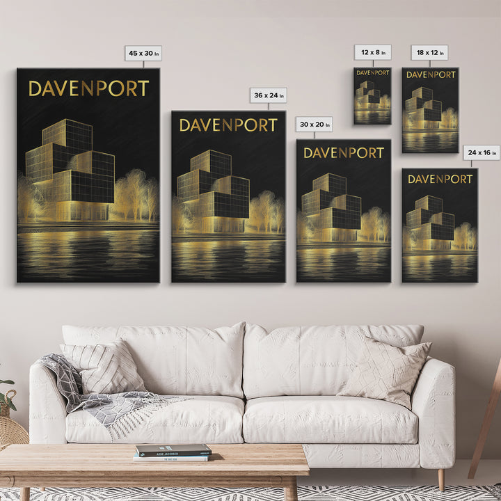 Davenport Iowa Travel Poster, Framed Canvas Print, Dark Background Poster Art, Davenport Wall Art, Gift For Travelers, Modern Wall Decor