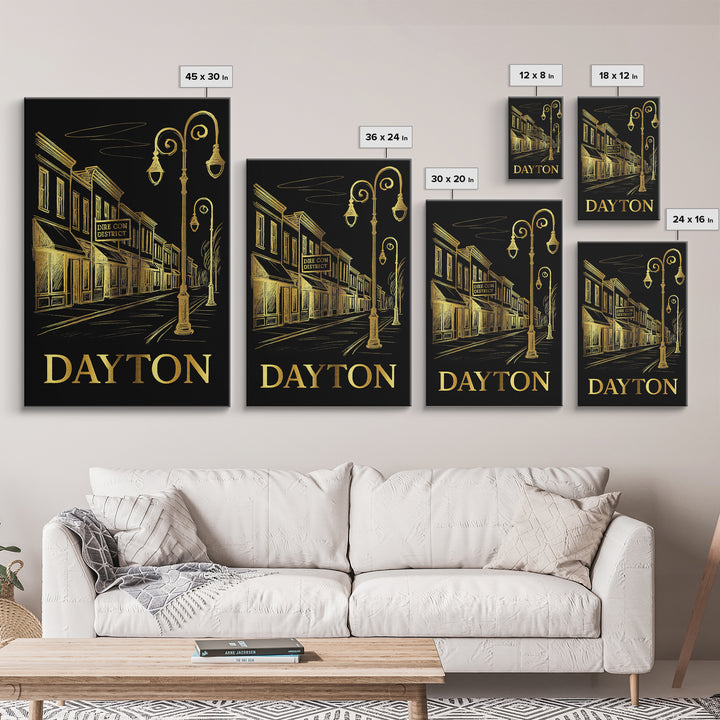 Dayton Travel Poster, Canvas Print, Gold Sketch Wall Art, Dayton City Art, Home Office Decor, Living Room Wall Art, Watercolor Skyline
