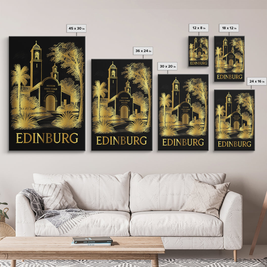 Edinburg Travel Poster, Framed Canvas Print, Black And Gold Line Art, Edinburg City Art, Retro Travel Print, Travel Art Print, Design 2