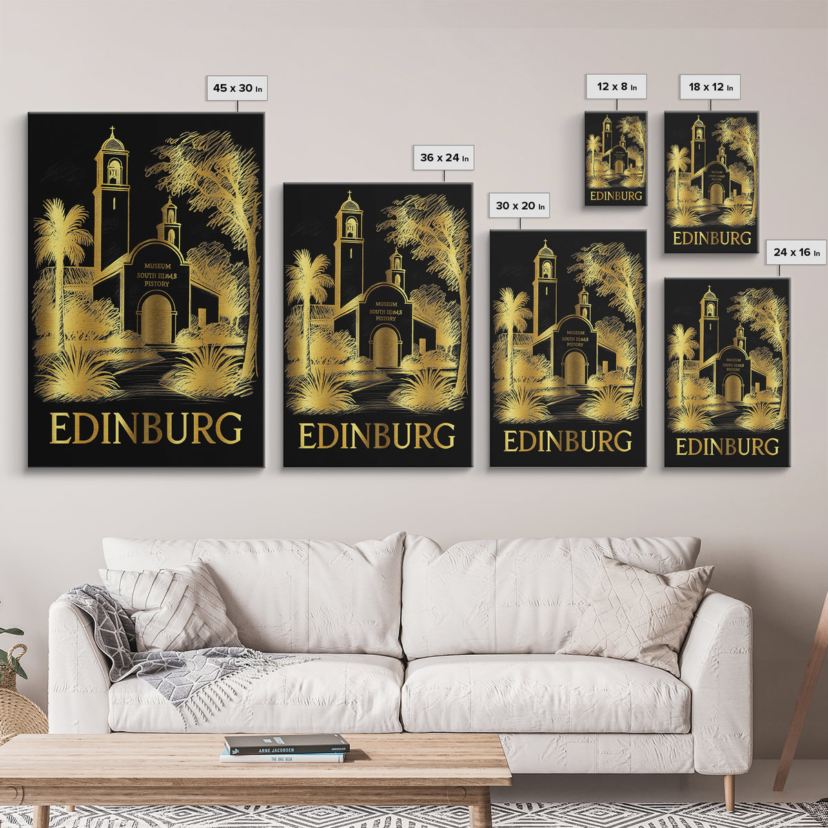 Edinburg Travel Poster, Framed Canvas Print, Black And Gold Line Art, Edinburg City Art, Retro Travel Print, Travel Art Print, Design 2