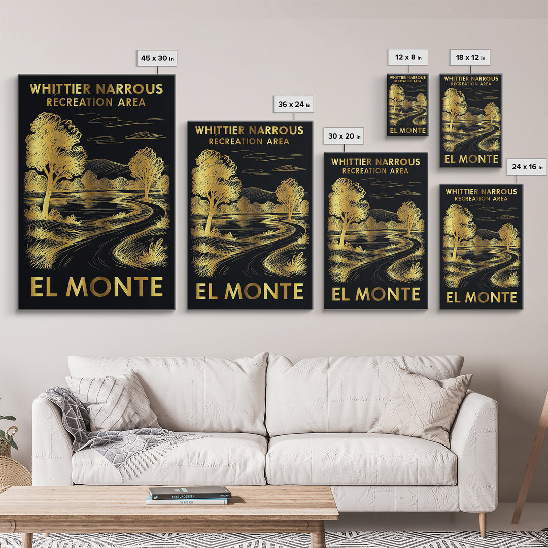 El Monte Travel Poster, Framed Canvas Print, Elegant Gold City Art, El Monte Art Print, City Illustration, Watercolor City Skyline