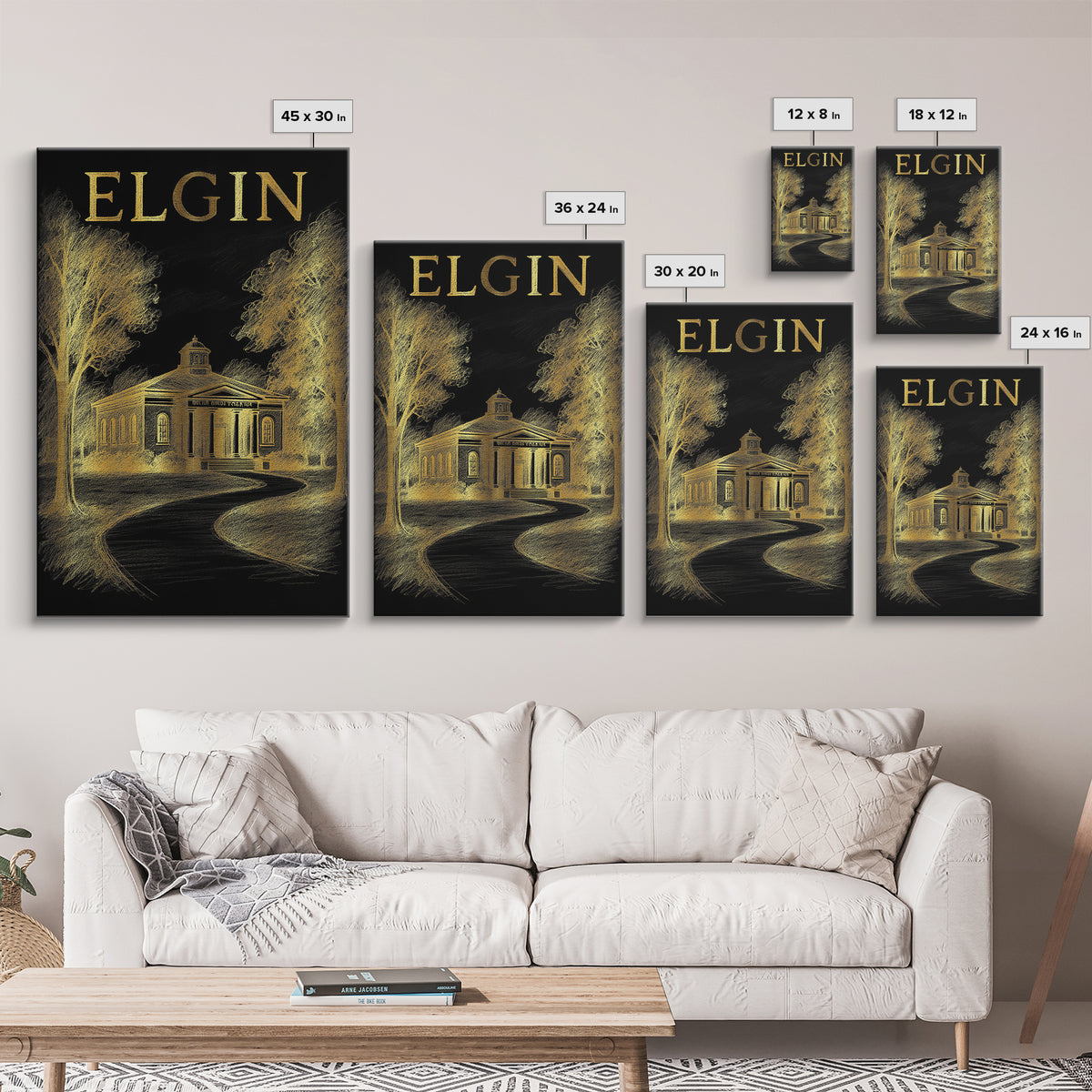 Elgin Illinois Travel Poster, Canvas Print, Gold Sketch Wall Art, Elgin City Art, Wall Art, Travel Poster Art, Retro Travel Print