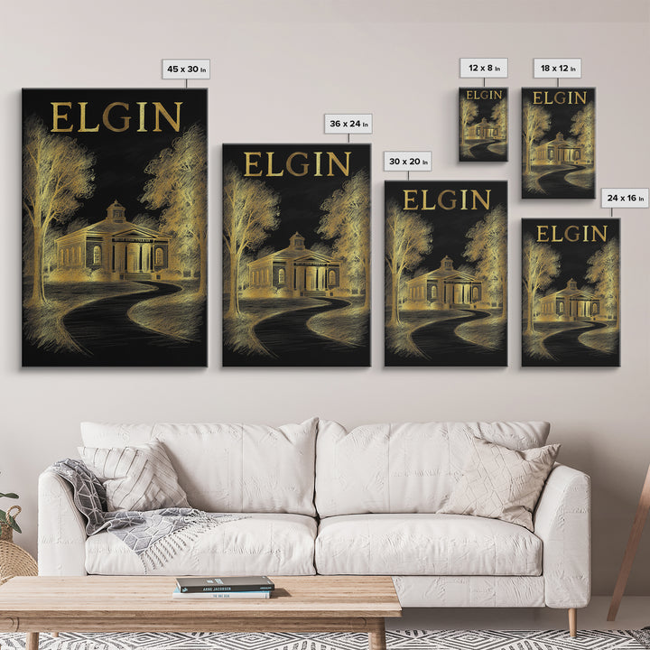 Elgin Illinois Travel Poster, Canvas Print, Gold Sketch Wall Art, Elgin City Art, Wall Art, Travel Poster Art, Retro Travel Print