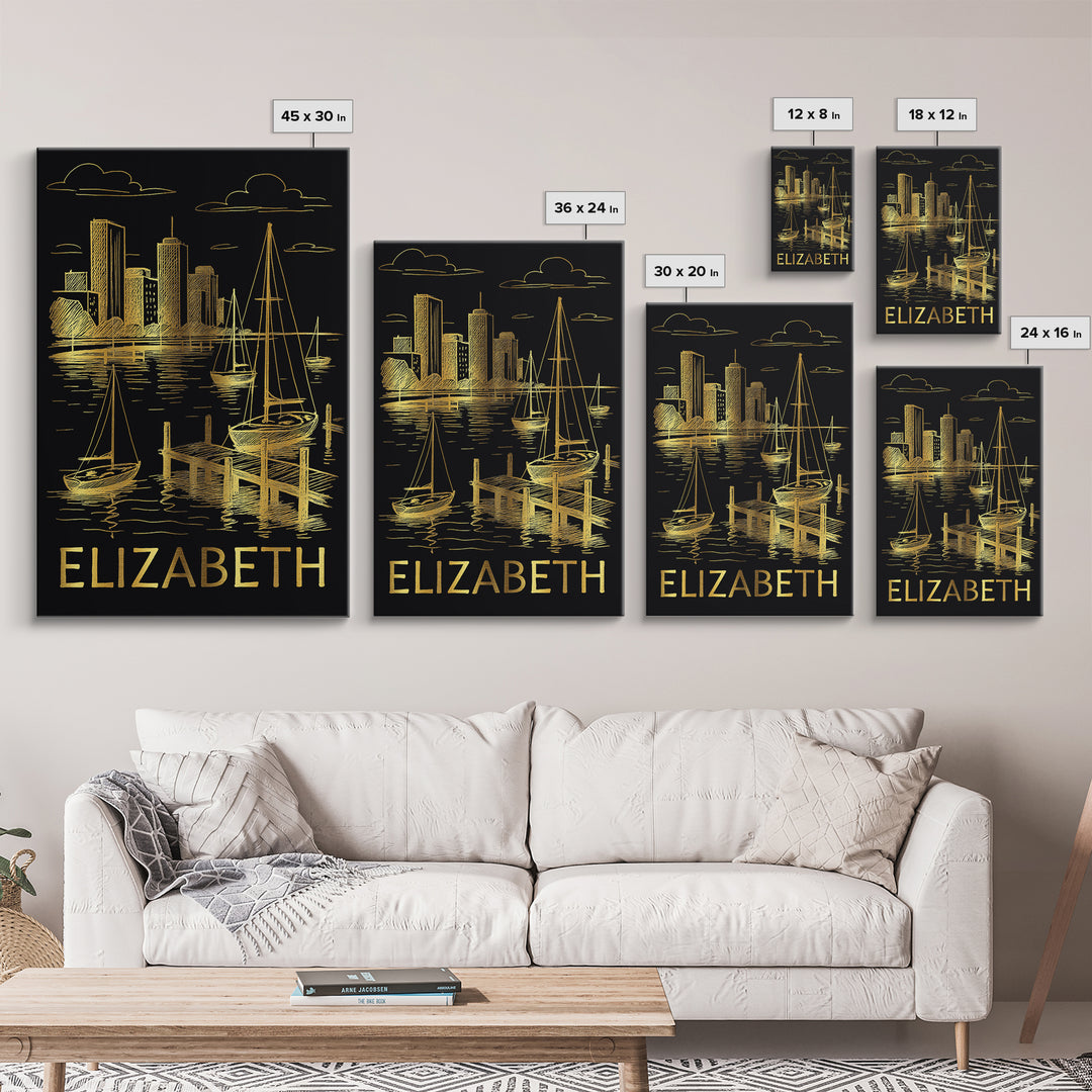 Elizabeth Travel Poster, Framed Canvas Print, Gold Sketch Wall Art, Elizabeth Art Print, Travel Art Print, Wanderlust Decor, Poster Print